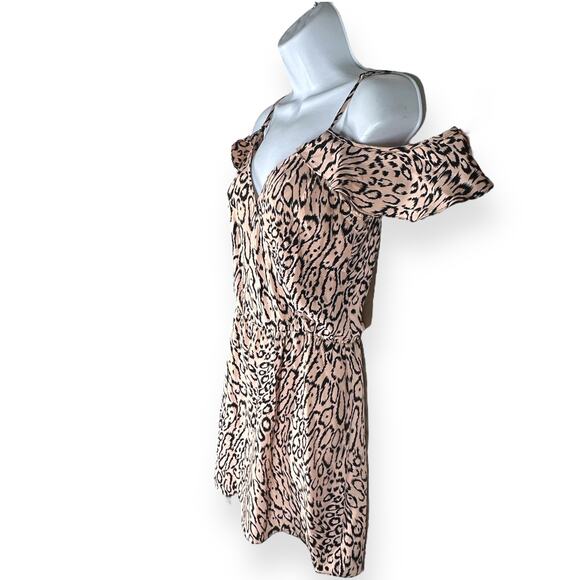 PARKER 100% Silk Cold Shoulder V-Neck Mini Dress Animal Print Banded Waist Pink - Picture 2 of 7